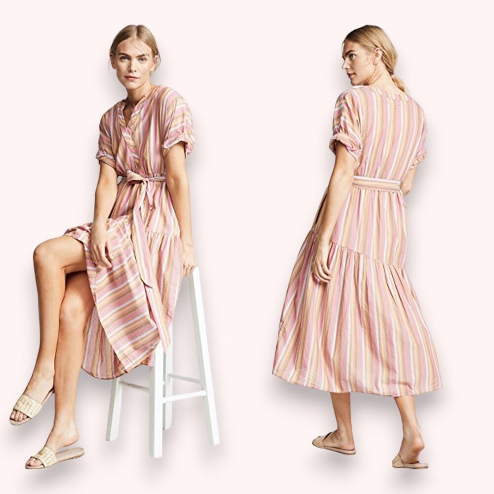 Xirena Drue Midi Pink Tan Short Sleeve Cotton Tie Dress Size Small Women's